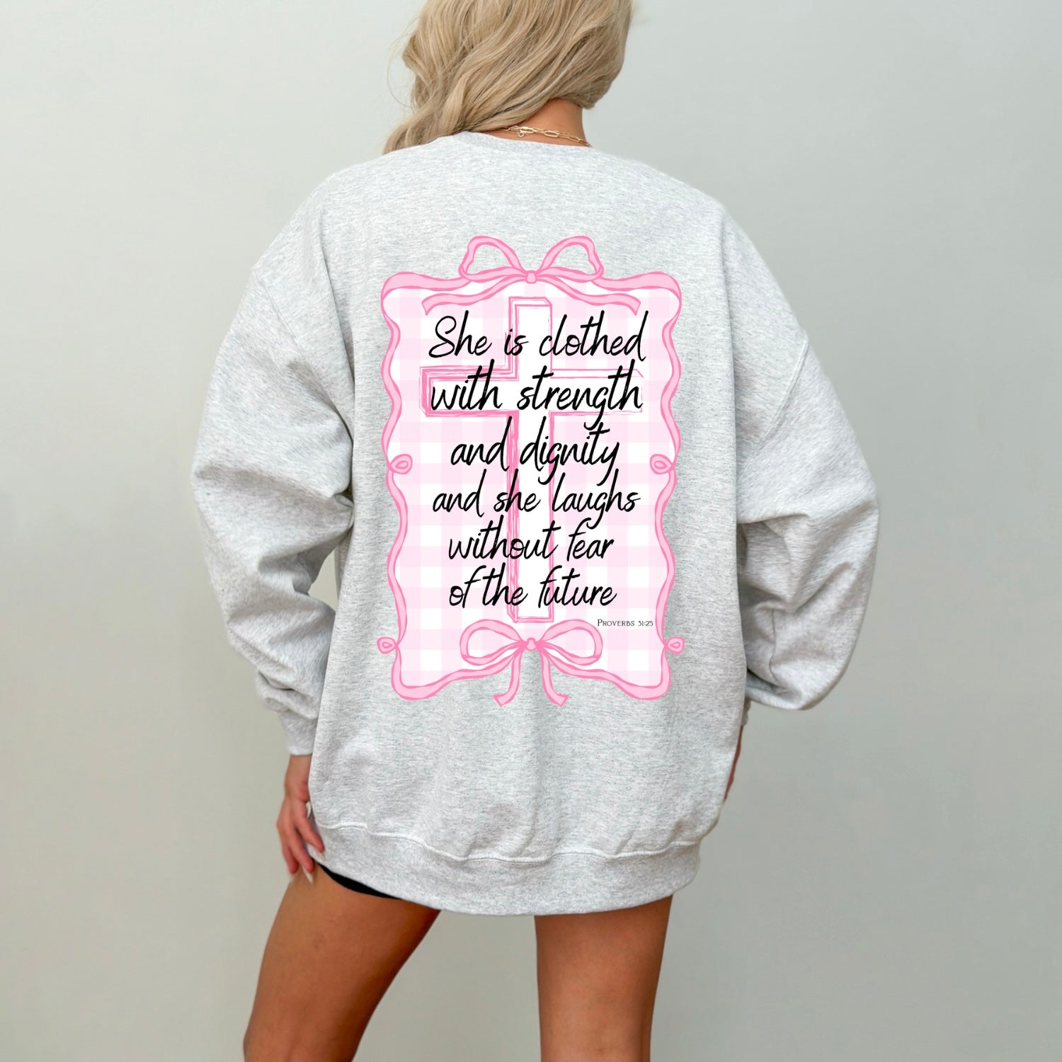 She is clothed sweatshirt
