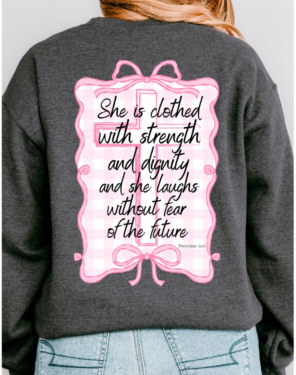 She is clothed sweatshirt