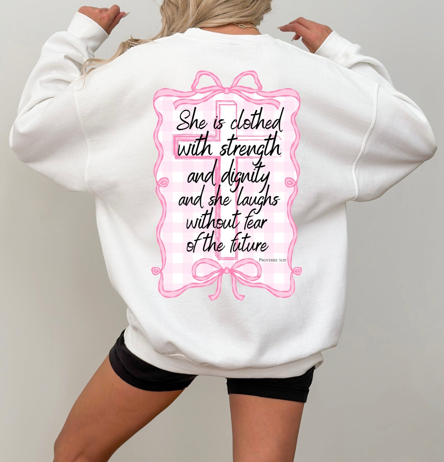 She is clothed sweatshirt